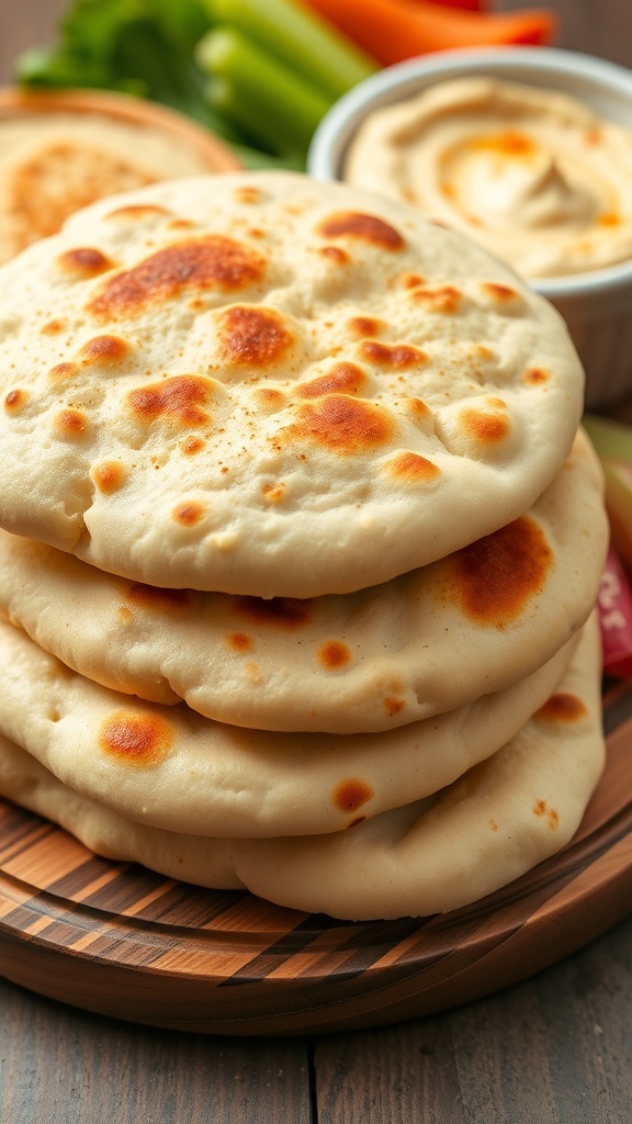 Homemade Pita Bread Recipe Freshly baked pita bread stacked on a wooden board with hummus and vegetables.